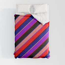 [ Thumbnail: Colorful Blue, Light Coral, Dark Violet, Red, and Black Colored Lined Pattern Comforter ]