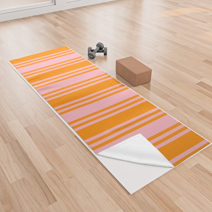 Light Pink and Dark Orange Colored Pattern of Stripes Yoga Towel