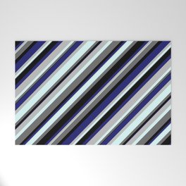[ Thumbnail: Vibrant Grey, Light Cyan, Dim Grey, Black, and Midnight Blue Colored Striped/Lined Pattern Welcome Mat ]