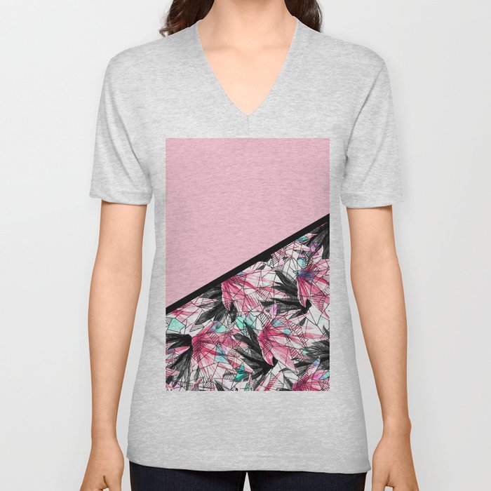 Blush Pink and Teal Abstract Tropical Leaves V Neck T Shirt