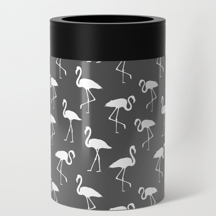White flamingo silhouettes seamless pattern on dark grey background Can Cooler