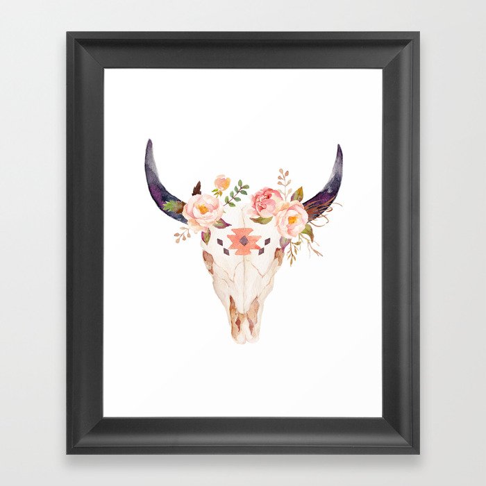 Bull Head Skull Boho Flowers Framed Art Print
