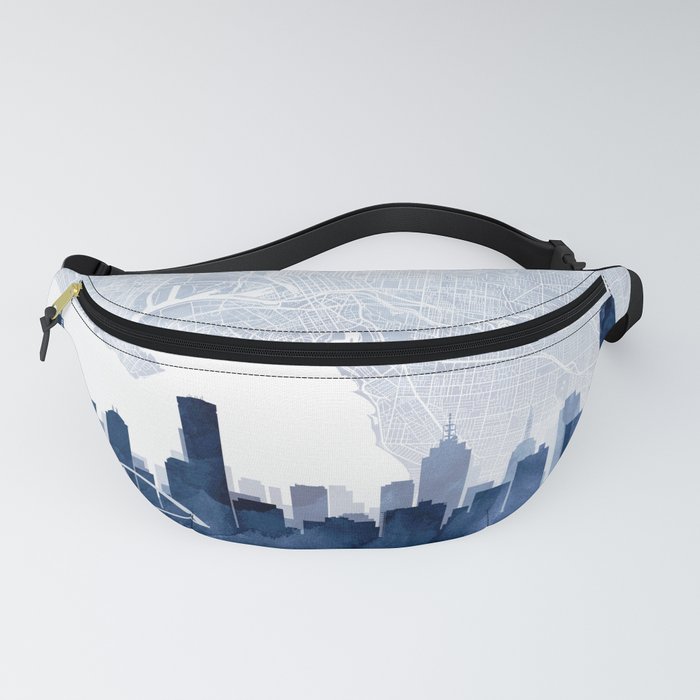 Melbourne Skyline & Map Watercolor Navy Blue, Print by Zouzounio Art Fanny Pack