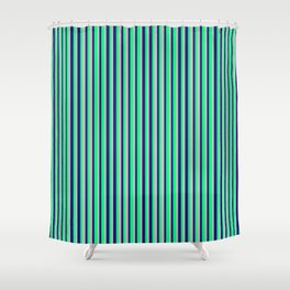 [ Thumbnail: Midnight Blue, Green, and Grey Colored Stripes/Lines Pattern Shower Curtain ]