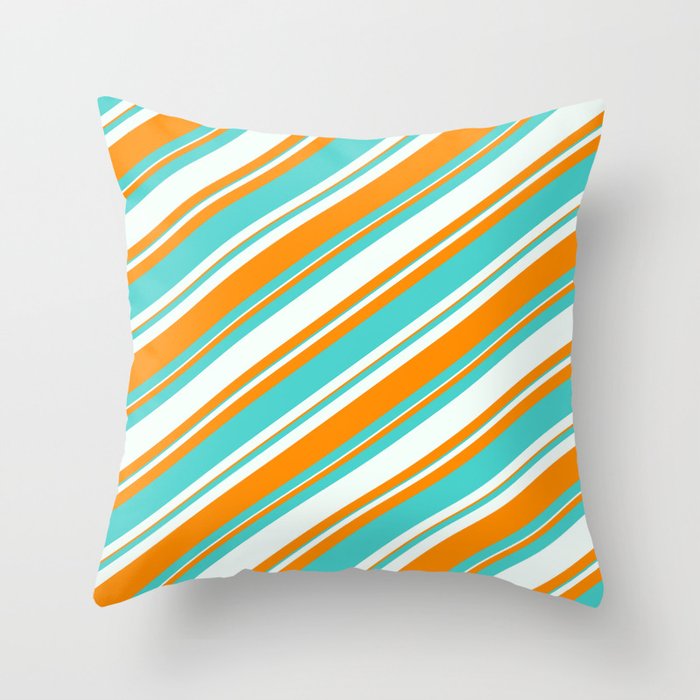 Mint Cream, Dark Orange & Turquoise Colored Lined/Striped Pattern Throw Pillow