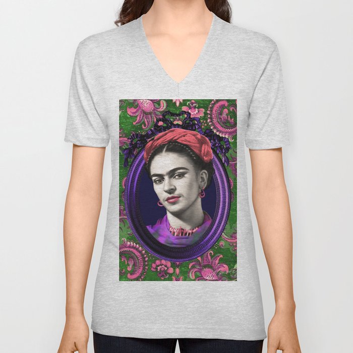 ICONIC Famous Ladies Collection oi11-05 Contemporary Eclectic Modern Victorian Digital Artwork Frida Kahlo V Neck T Shirt