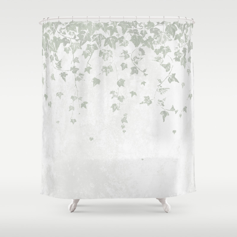 Soft Gray Green And White Trailing Ivy Leaf Print Shower Curtain