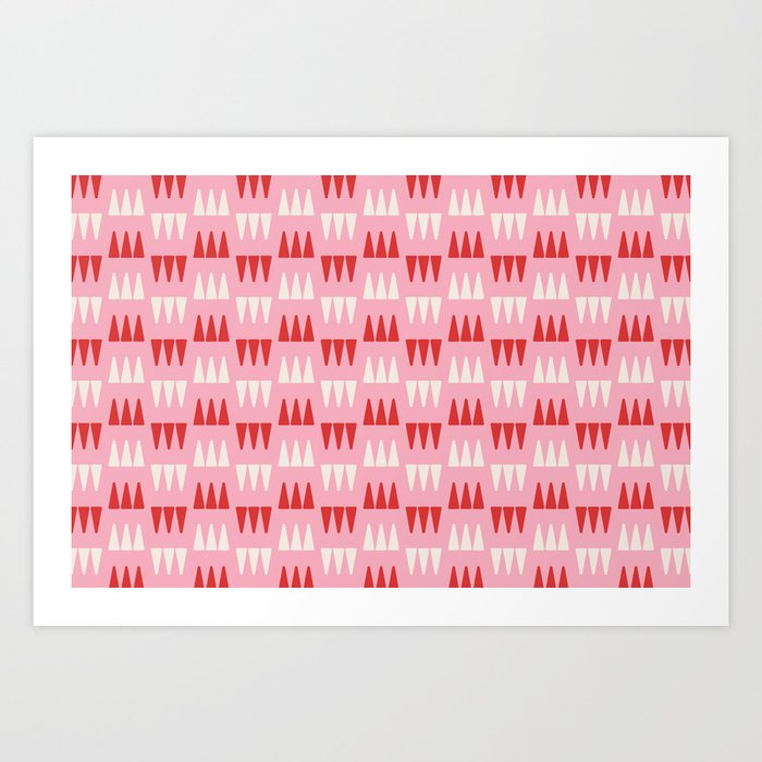 Retro Modernist Geometric Tri-Triangle Pattern 721 Pink Red and Cream Art Print
