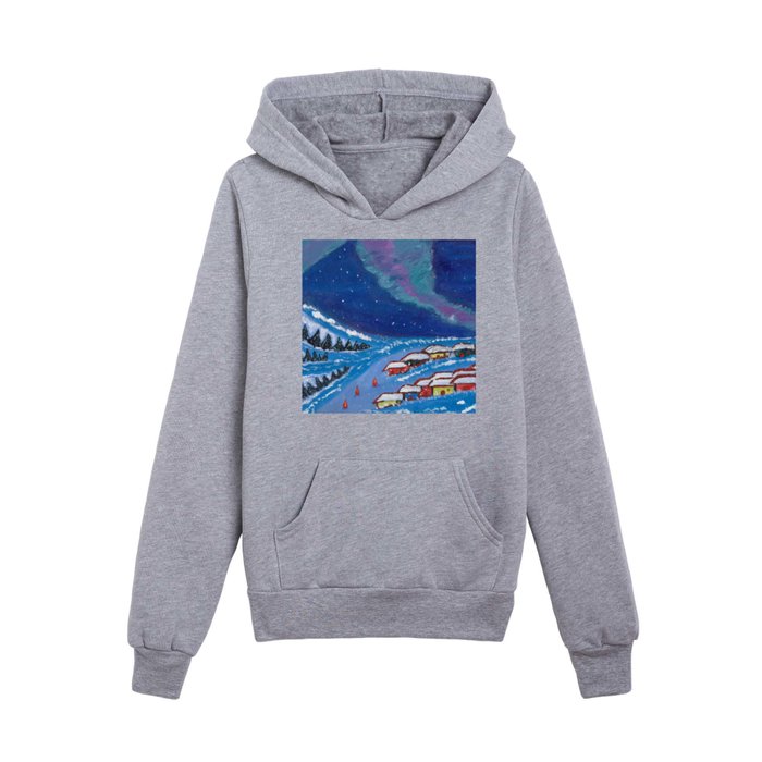 A snowy night in Finland acrylic landscape painting Kids Pullover Hoodie