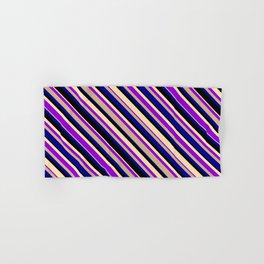 [ Thumbnail: Eyecatching Beige, Dark Violet, Tan, Dark Blue & Black Colored Stripes/Lines Pattern Hand & Bath Towel ]