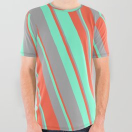 [ Thumbnail: Red, Aquamarine, and Dark Grey Colored Lined/Striped Pattern All Over Graphic Tee ]