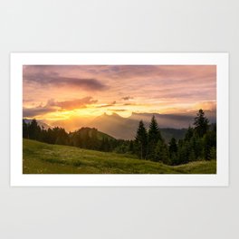 mountains, sunset, lawn, trees, landscape Art Print
