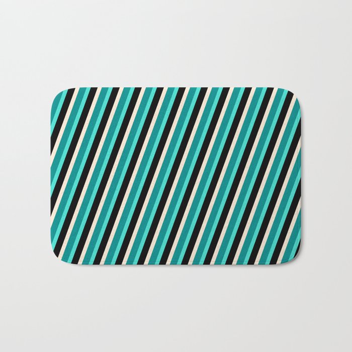 Beige, Dark Cyan, Turquoise & Black Colored Striped Pattern Bath Mat