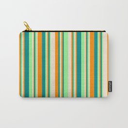 [ Thumbnail: Green, Dark Cyan, Dark Orange, and Beige Colored Stripes Pattern Carry-All Pouch ]