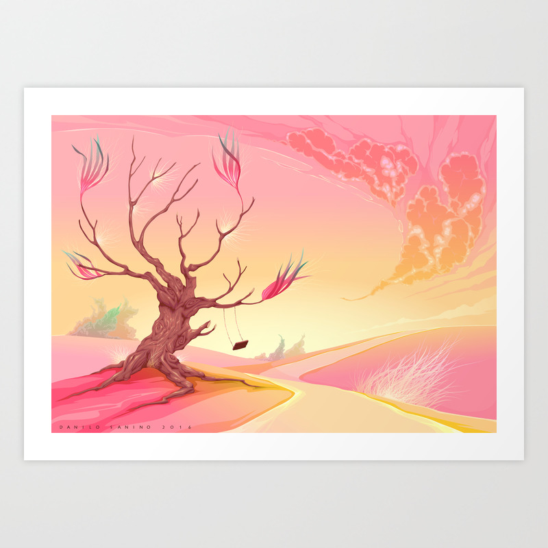 Romantic Landscape With Tree And Sunset Art Print By Danilosanino