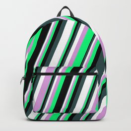 [ Thumbnail: Plum, Green, Black, Dark Slate Gray & White Colored Striped/Lined Pattern Backpack ]