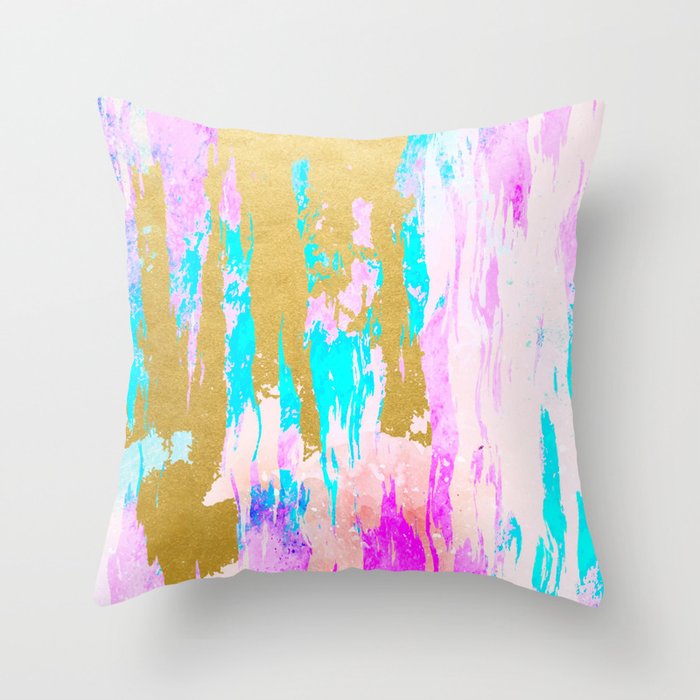 Meraki, Abstract Gold Painting, Colorful Graphic Design, Golden Pink Blue Eclectic Luxe Illustration Throw Pillow