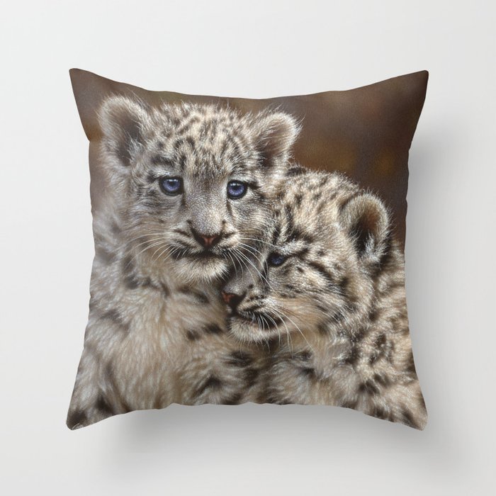 Snow Leopard Cubs - Playmates Throw Pillow