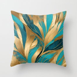 Turquoise Gold Boho Leaves Popular Collection Throw Pillow