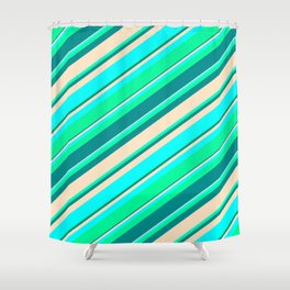 [ Thumbnail: Green, Dark Cyan, Bisque, and Aqua Colored Pattern of Stripes Shower Curtain ]