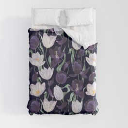 Purple and White Tulip Floral Prints on Navy Blue Duvet Cover