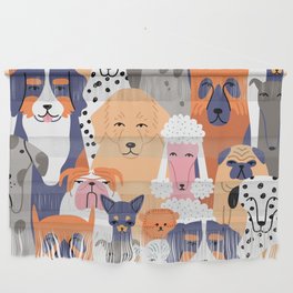Funny diverse dog crowd character cartoon background Wall Hanging