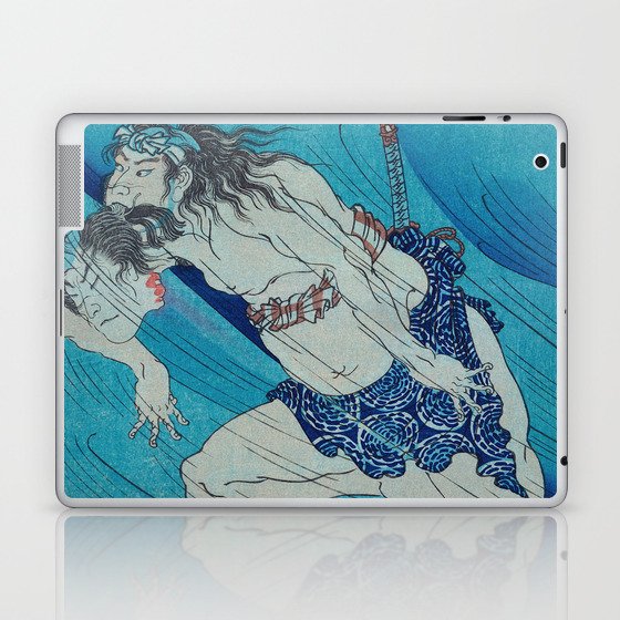 Samurai Swimming Underwater - Antique Japanese Ukiyo-e Woodblock Print Art Laptop & iPad Skin