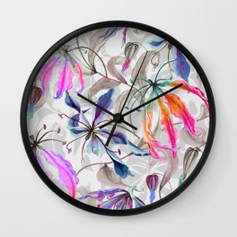 Gloriosa lily flowers and leaves pattern Wall Clock | Illustration, Gloriosa, Retro, Vintage, Graphicdesign, Pattern, Watercolor, Seamlesspattern, Flowers, Blooming 