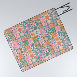 Retro Colorful Flower Checkerboard Picnic Blanket
