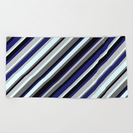 [ Thumbnail: Vibrant Grey, Light Cyan, Dim Grey, Black, and Midnight Blue Colored Striped/Lined Pattern Beach Towel ]
