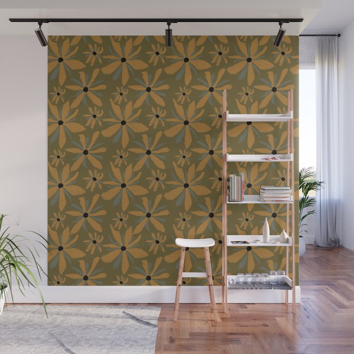 Ecelctic Sunflowers on Olive Green Wall Mural