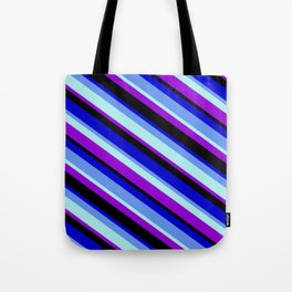 [ Thumbnail: Colorful Blue, Cornflower Blue, Turquoise, Dark Violet, and Black Colored Pattern of Stripes Tote Bag ]