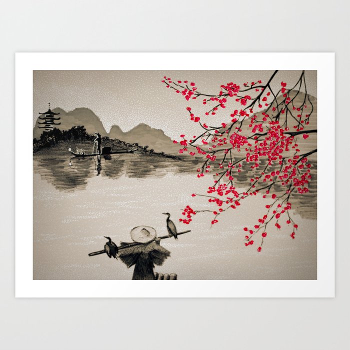 Japan Crane Fishing Art Print