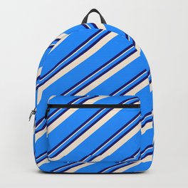 [ Thumbnail: Blue, Midnight Blue, and Beige Colored Striped Pattern Backpack ]