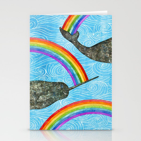 Narwhale Rainbow Blue Ocean Waves Stationery Cards