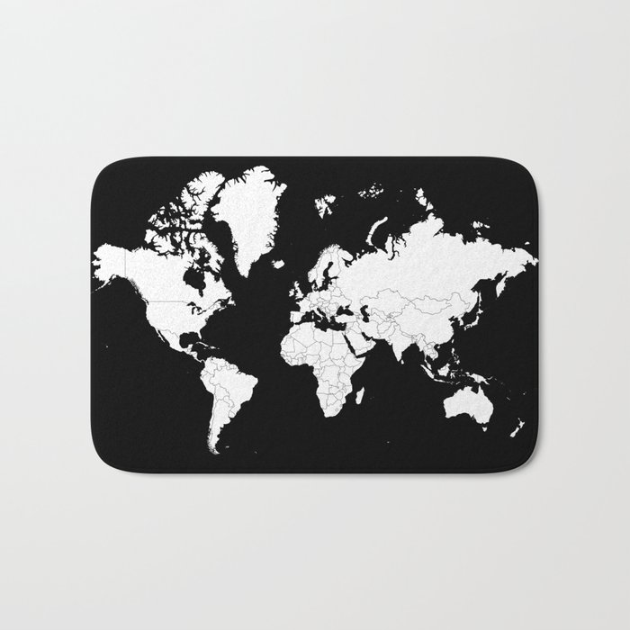 Minimalist World Map White On Black Background Bath Mat By White On Black Background Bath Mat