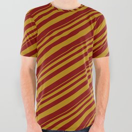 [ Thumbnail: Dark Goldenrod and Maroon Colored Lined/Striped Pattern All Over Graphic Tee ]