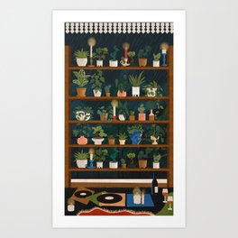 Plant Shelves Rainy Night Art Print