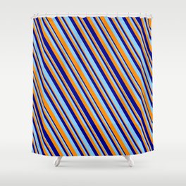 [ Thumbnail: Dark Orange, Dark Blue & Light Sky Blue Colored Lines/Stripes Pattern Shower Curtain ]