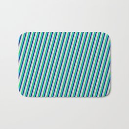[ Thumbnail: Deep Sky Blue, Midnight Blue, Grey, Lavender, and Lime Green Colored Stripes Pattern Bath Mat ]