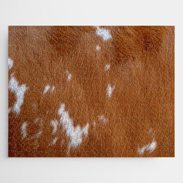 Brown and White Cow Skin Print Pattern Modern, Cowhide Faux Leather Jigsaw Puzzle