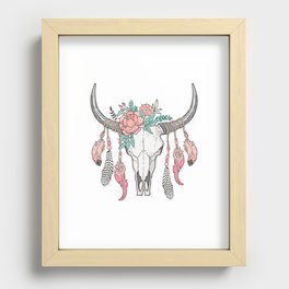 Boho Longhorn Cow Skull with Feathers and Peach Flowers Recessed Framed Print