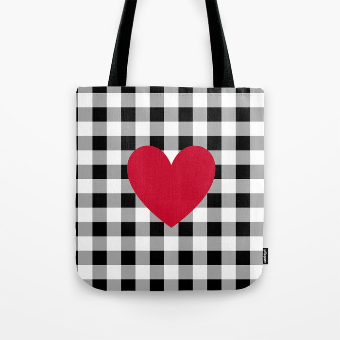 Red Heart on Black Buffalo Check Tote Bag by LovelyLifestyle