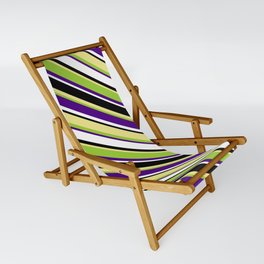 [ Thumbnail: Eyecatching Tan, Green, Indigo, White & Black Colored Stripes/Lines Pattern Sling Chair ]