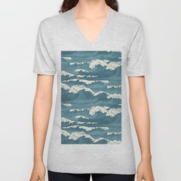 seamless pattern with hand-drawn waves in retro style. Decorative repeating illustration of the sea or ocean, blue storm waves with breakers of seafoam V Neck T Shirt