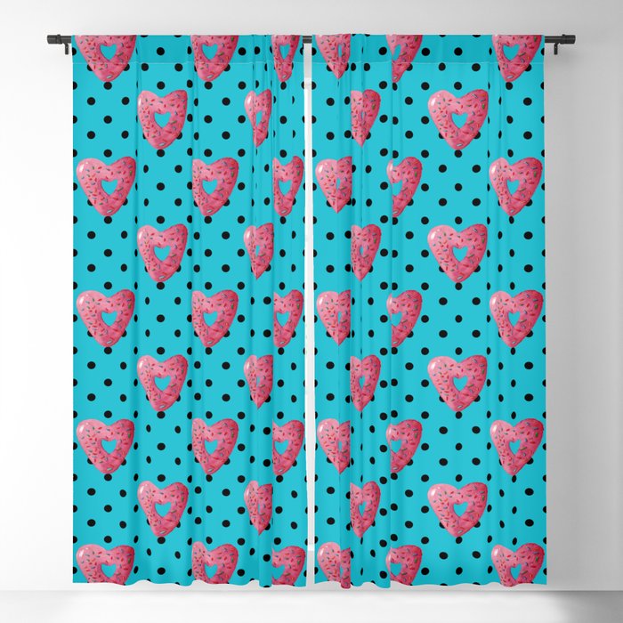 Pink plaid watercolor heart shaped donuts with polka dots on blue background Blackout Curtain