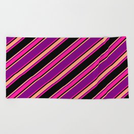 [ Thumbnail: Purple, Deep Pink, Black & Light Salmon Colored Striped Pattern Beach Towel ]