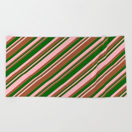 [ Thumbnail: Light Pink, Sienna, and Dark Green Colored Stripes Pattern Beach Towel ]