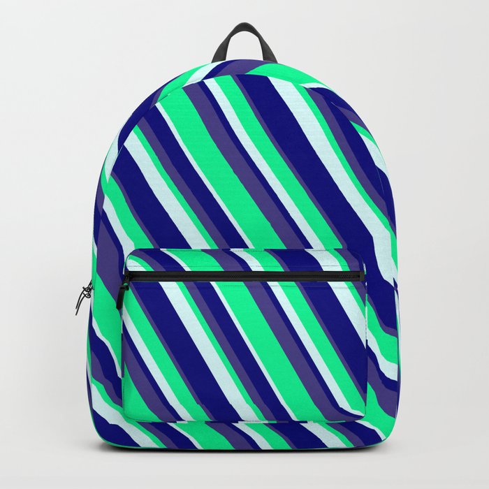 Green, Light Cyan, Blue & Dark Slate Blue Colored Lines/Stripes Pattern Backpack