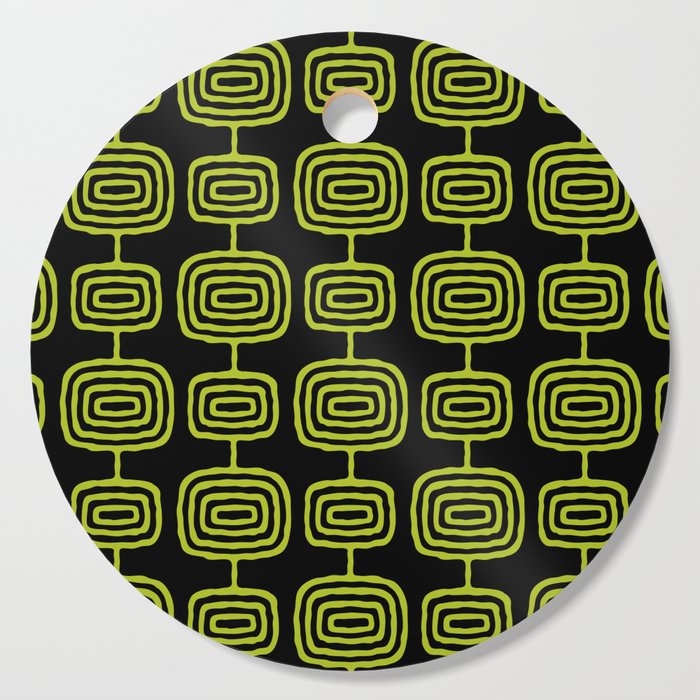 Mid Century Modern Atomic Rings Pattern Black and Chartreuse Cutting Board